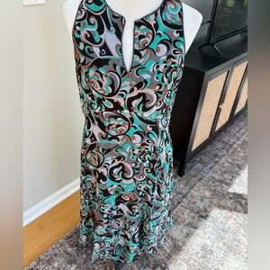 Nanette Lepore | Black and Green Silk Swirl Midi Dress, Sz M